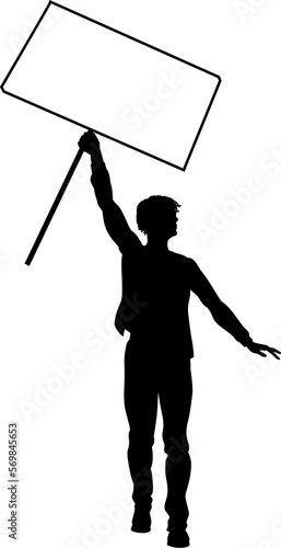 Protestor or demonstrator at a demonstration march, picket line or strike protest rally in silhouette. Holding up a banner or picket sign board placard.