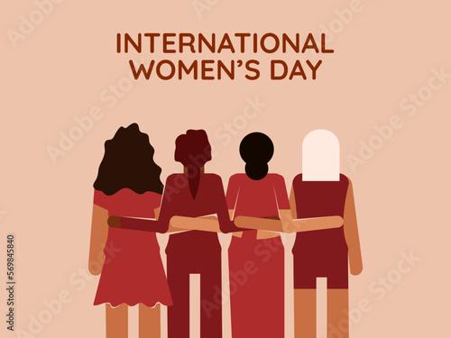International Women's day March 8. equality day celebration illustration of four women with different color and ethnicity.