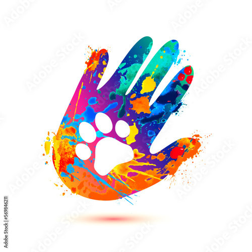 Animal care vector symbols. Hand and paw splash paint icon