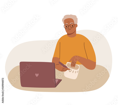 Senior man during online class on pottery at home isolated on white. Teacher at pottery class concept via laptop.