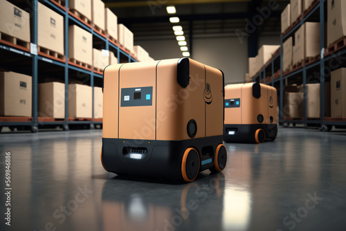 Robot delivery man in the warehouse with boxes, technology to simplify life and quality, sort parcels and valuable goods, inventory. Generative AI