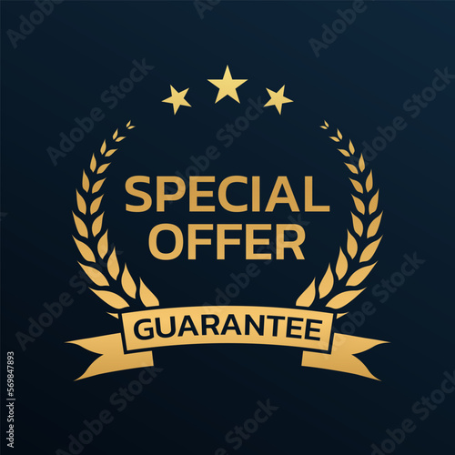 Special offer guarantee icon, logo or badge with laurel wreath and ribbon. Business award design. Vector illustration.