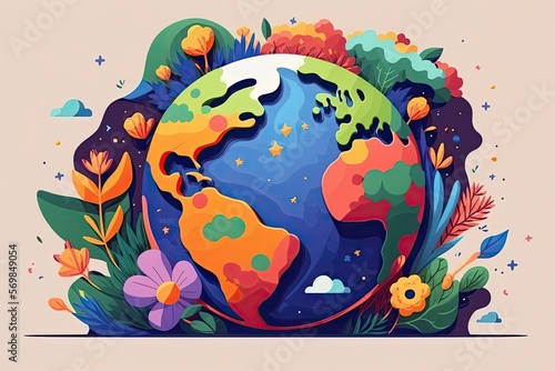 A bright cartoon postcard for Earth Day. Generative AI.Illustrated earth in the shape of a ball.