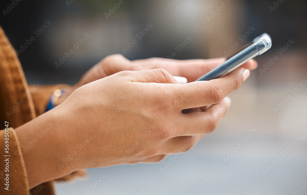 Hands, cellphone and woman in city typing on social network, internet search and mobile gps for travel. Urban app, closeup and smartphone technology for 5g online connection, web post or notification Hands, cellphone and woman in city typing on social network, internet search and mobile gps for travel. Urban app, closeup and smartphone technology for 5g online connection, web post or notification