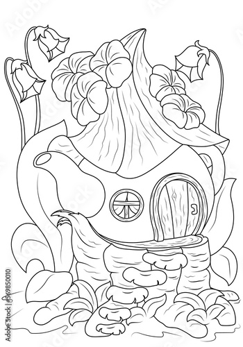 Coloring book for children. Fairytale house in a teapot. The task for children can be used in a book, magazine.
