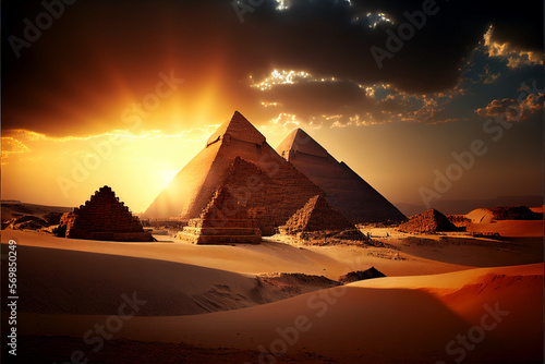 Sunset over the Pyramids of Giza. AI generated.