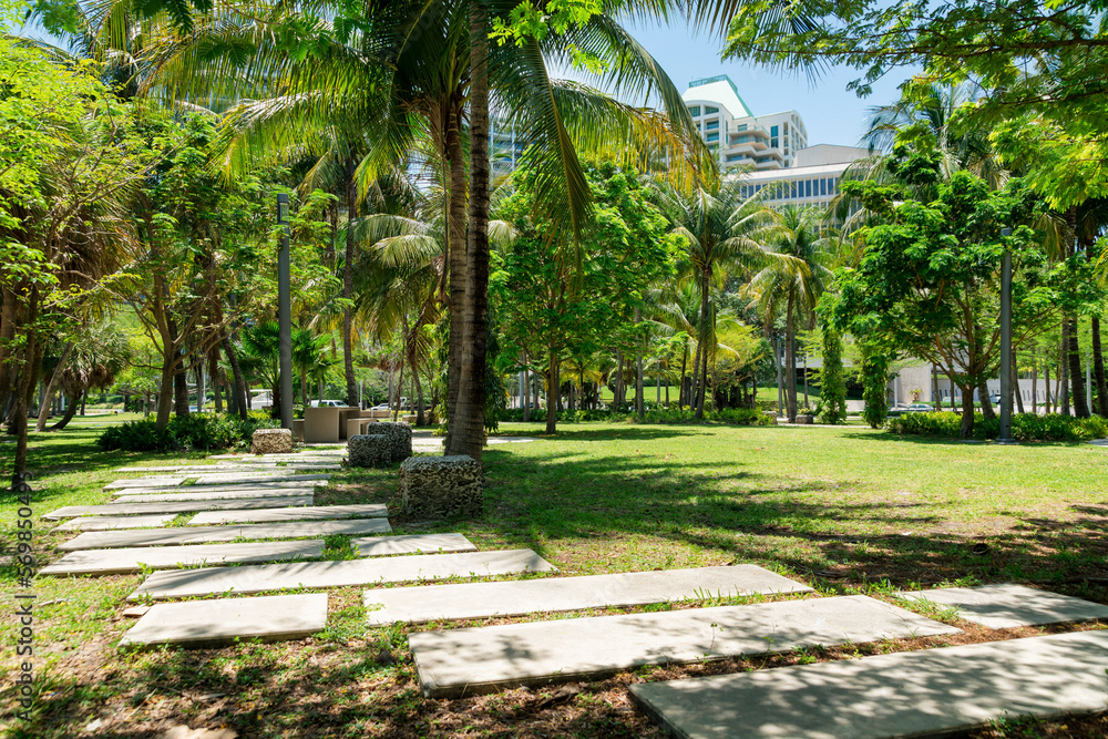 Concrete pavers on a grass with rocks, lamp posts, and trees near the buildings at Miami, Florida. Nature park near the modern city buildings at the background.