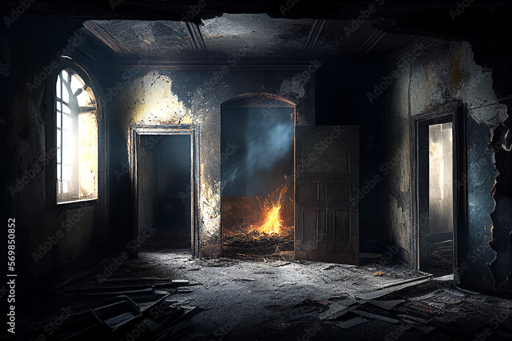 Decayed Fire Fire burning in background of old colour dirty crumbling brick room ...