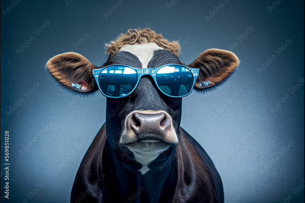 Portrait of a funny cow in sunglasses. AI generated.