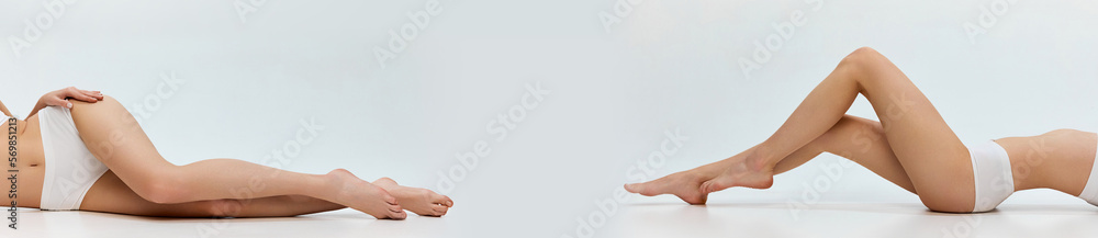 © master1305 - Collage. Cropped image of slim smooth female legs over grey studio background. Depilation, epilation, laser hair removal. Model posing in underwear. Concept of body and skin care, health, wellness.
