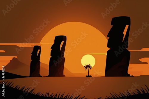 Easter Island's standing moai against the dawn's golden sky and rising sun. Generative AI photo