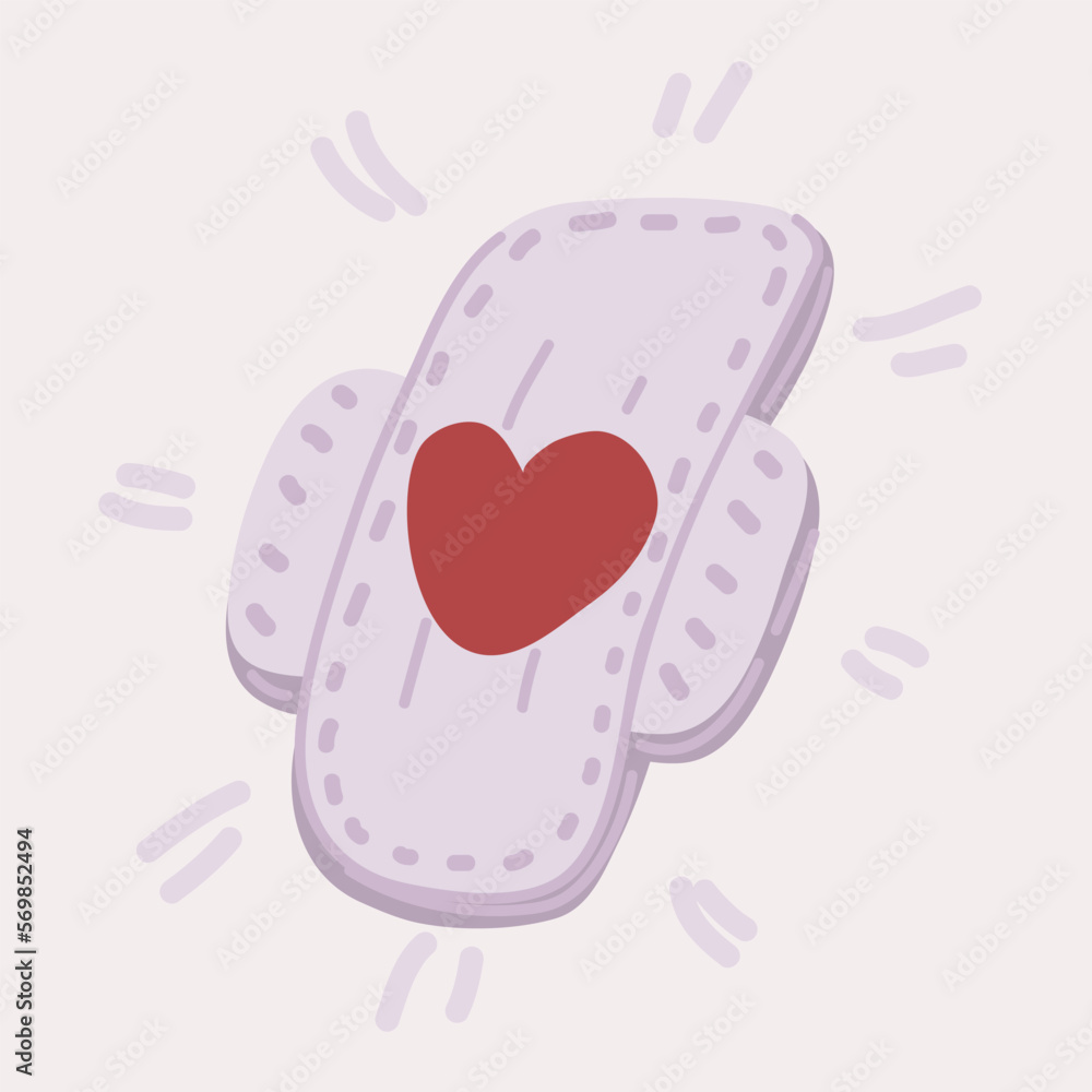 Vector illustration of Menstrual pad with red hart shape of blood on it. Menstruation cycle period, woman hygiene and comfort concept.