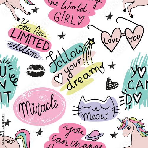 Girls seamless pattern with calligraphic slogan, hearts, words  . background for texylie, graphic tees, kids wear. Wallpaper for teenager girls. Fashion style