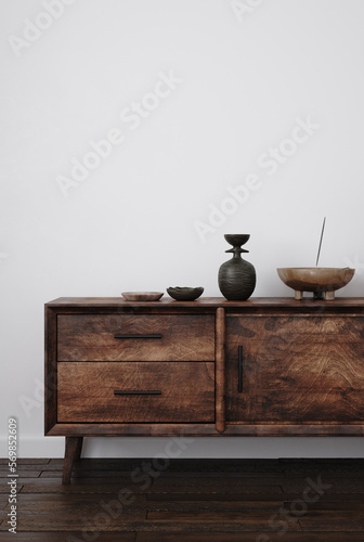 Bilde på lerret Old commode in rustic interior, wall mockup, 3d render