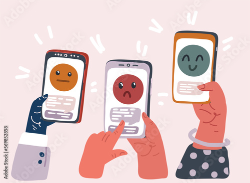 Vector illustration of Positive feedback to post in social media. Person enjoying, smiling emojis in internet. Sad, happy, indeferent