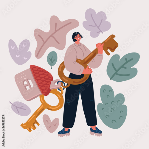 Vector illustration of Young woman holding keys of new home