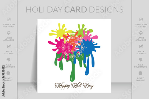 Happy Holi day greeting card colorful background. Concept of Happy Holi festival. Happy Holi typography. Happy Holi vector illustration flat design.