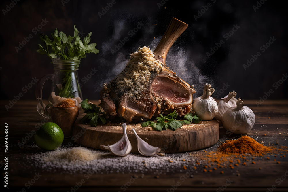 Fresh Schweinshaxe with spices, garlic and salt food photography made with Generative AI