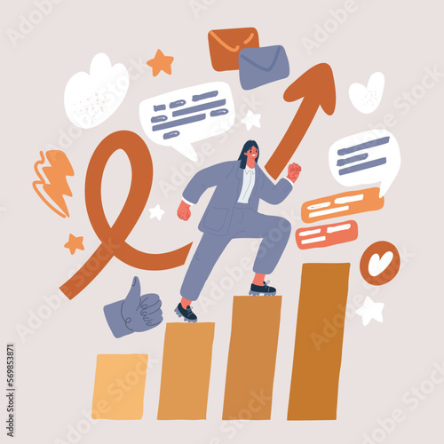 Vector illustration of Career success for woman, female leadership, goal achievement and business challenge, confidence businesswoman take small step walking up staircase with arrow growing up.