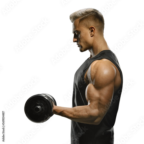 Foto Handsome power athletic man in training pumping up muscles with dumbbell