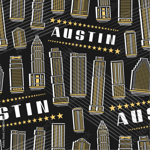 Vector Austin Seamless Pattern, square repeating background with illustration of famous austin city scape on dark background for wrapping paper, decorative line art urban poster with white text austin photo