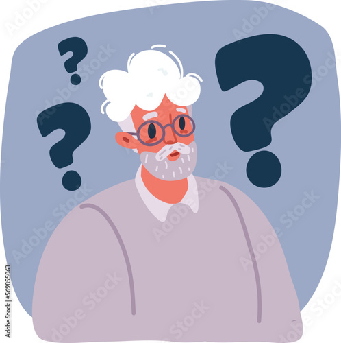 Vector illustration of old man who is confused, questioning. Want to find answers. People around the question mark. Grandfather expressions are in a daze and need help. Dementia, memory impairment