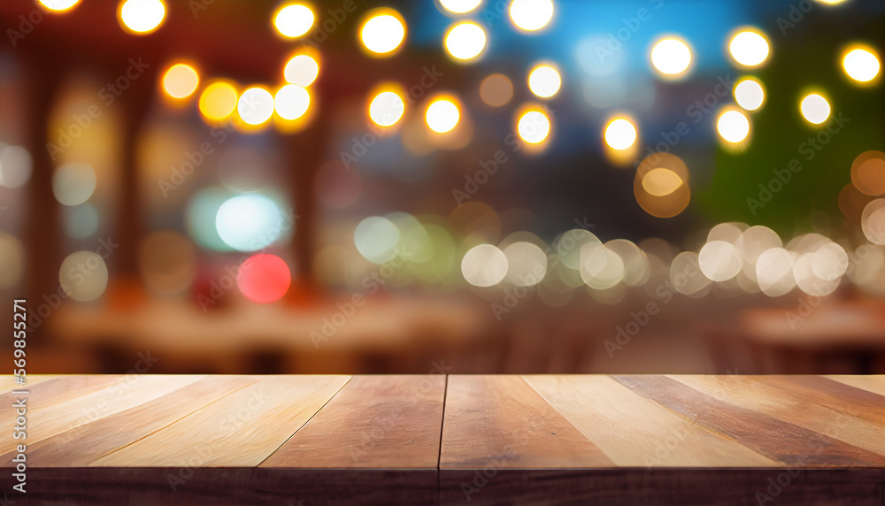 Image of wooden table in front of abstract blurred background of restaurant lights. Generative Ai. Image of wooden table in front of abstract blurred background of restaurant lights. Generative Ai.