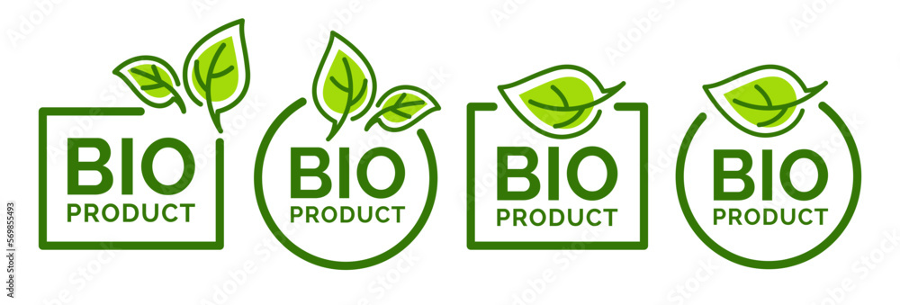 Bio Product, doodle organic leaves emblems, stickers, frames and logo.