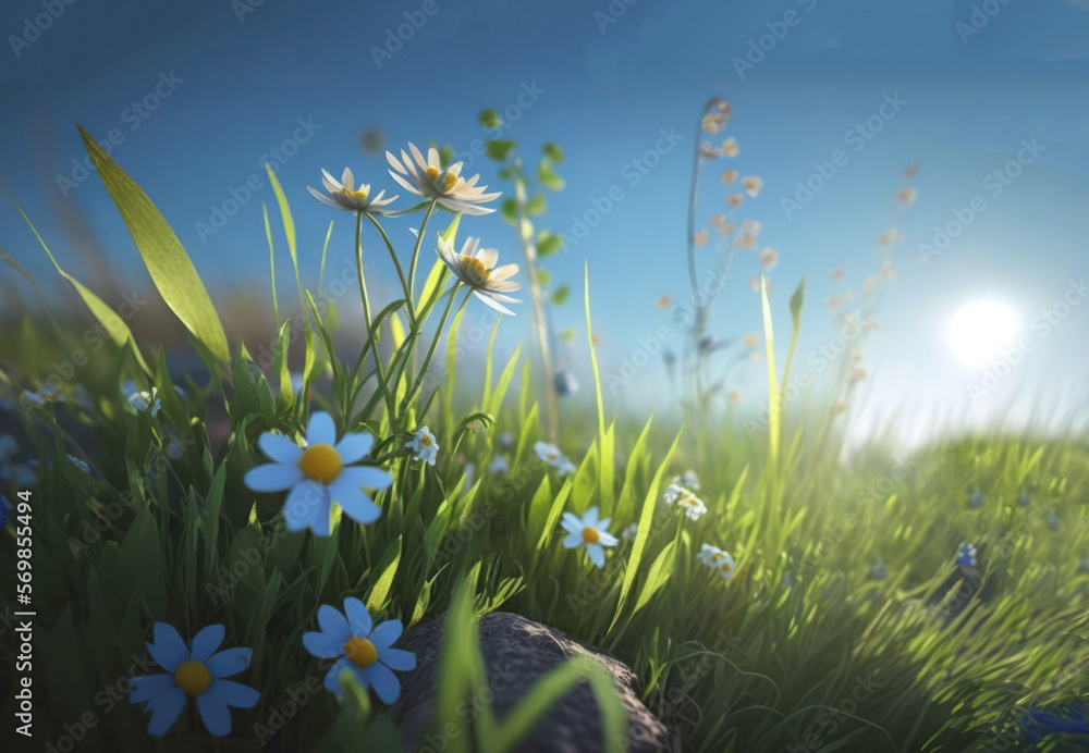 Spring wild flowers in the meadow, close up view, blue sky. Generative AI