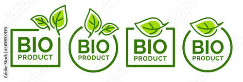 Bio Product, doodle organic leaves emblems, stickers, frames and logo.
