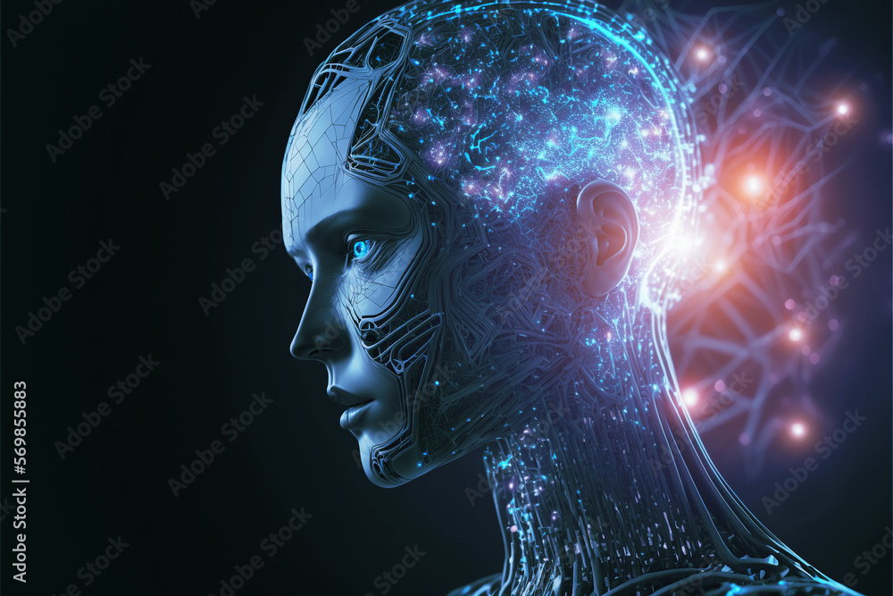 Artificial intelligence in cybernetic humanoid head with neural network. Digital Brain, machine learning technology concept. Generative AI of a cyborg woman face. Artificial intelligence in cybernetic humanoid head with neural network. Digital Brain, machine learning technology concept. Generative AI of a cyborg woman face.