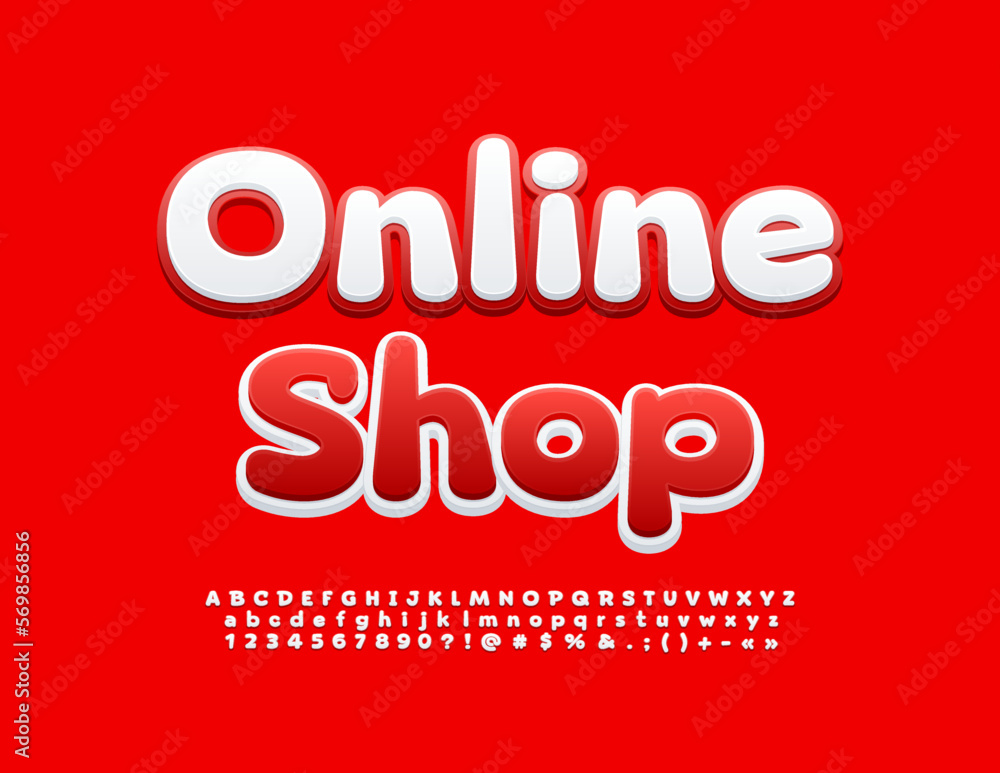 Vector trendy Signboard Online Shop. Bright White and Red Font. Modern set of Alphabet Letters and Numbers Vector trendy Signboard Online Shop. Bright White and Red Font. Modern set of Alphabet Letters and Numbers
