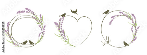 Frames for Wedding invitation. Set vector design elements, lavender flowers and birds.