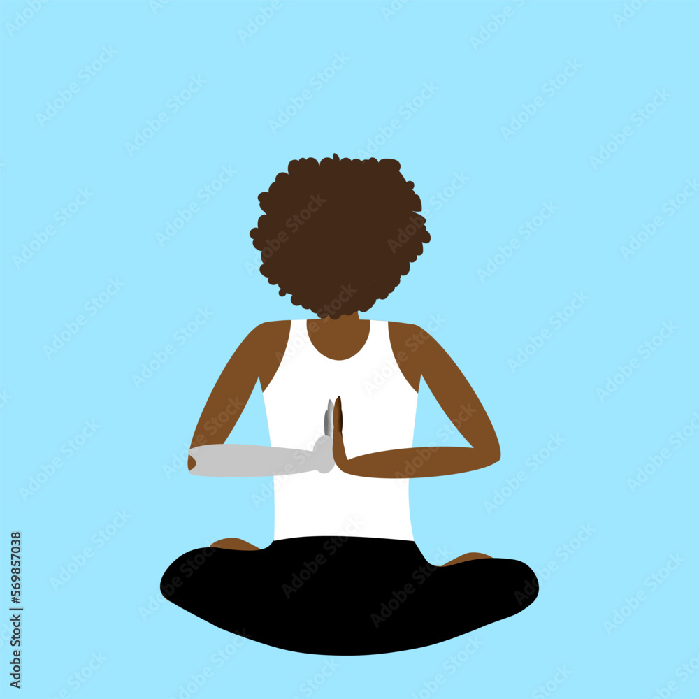 Silhouette of a black woman with disabilities sitting in kriya yoga position with hands behind her back. Website banner for yoga school with asana