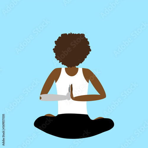 Silhouette of a black woman with disabilities sitting in kriya yoga position with hands behind her back. Website banner for yoga school with asana