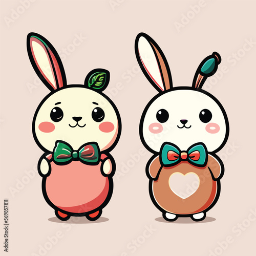 Flat easter couple lovely bunny collection, color isolated vector illustration 