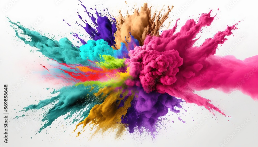 Explosion of colorful powder on white background illustration generative ai