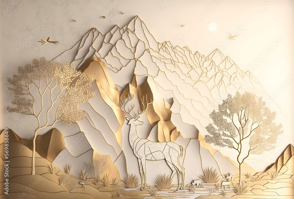 3D Sun Deer Grass 027 Wall Murals
