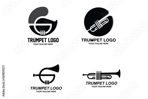 Trumpet logo design, generate melody, musical instrument vector sketch illustration