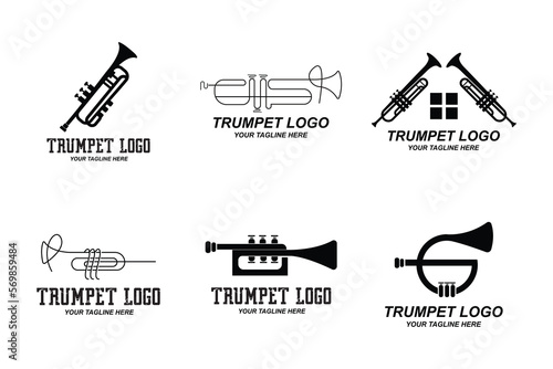 Trumpet logo design, generate melody, musical instrument vector sketch illustration
