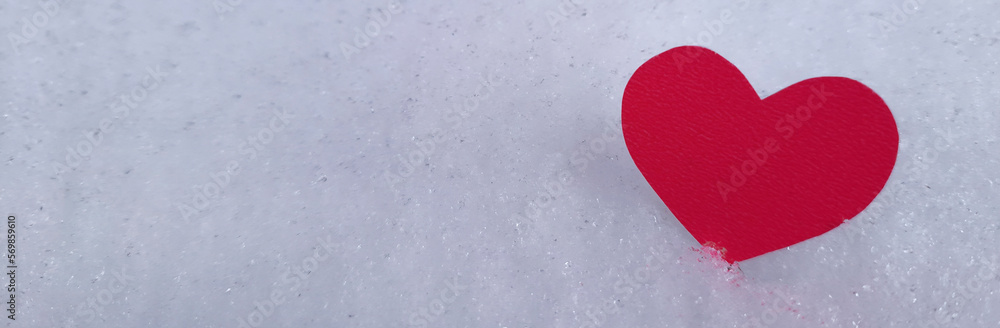 Banner on theme of romantic travel and walks in winter with place for text. Valentine's day page. White snowy background with heart shaped valentine. Copy space. Header with place for slogan, title. Banner on theme of romantic travel and walks in winter with place for text. Valentine's day page. White snowy background with heart shaped valentine. Copy space. Header with place for slogan, title.
