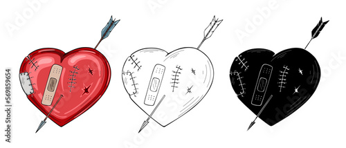 Patched heart with arrow, cartoon style