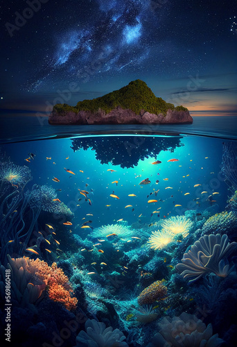 Colorful coral reef and fish. Clean underwater world scene. (Created with Generative AI technology)
