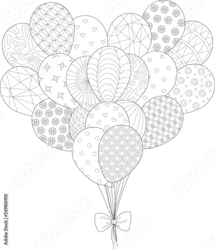 Cartoon mandala balloons in heart shape graphic sketch template. Vector illustration in black and white for games, background, pattern, decor. Coloring paper, page, story book. Print for fabrics 