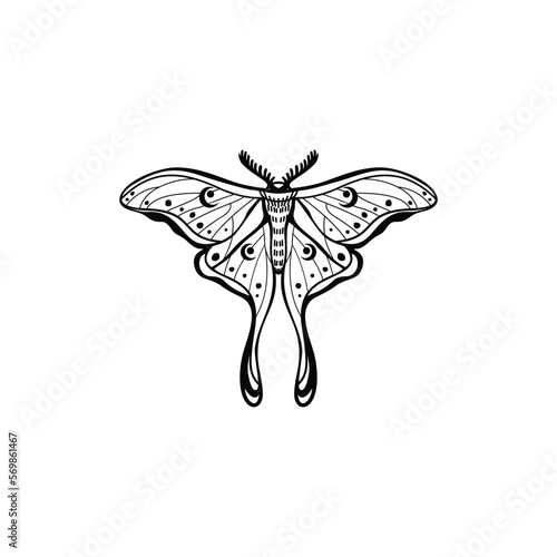 Luna Moth with Lilith's symbol on her wings. luna moth, moon moth. Geometric vector symbol with luna moth