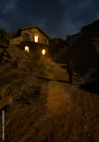 Wooden cabin with lit windows in rocky landscape during twilight. Generative AI. © ysbrandcosijn