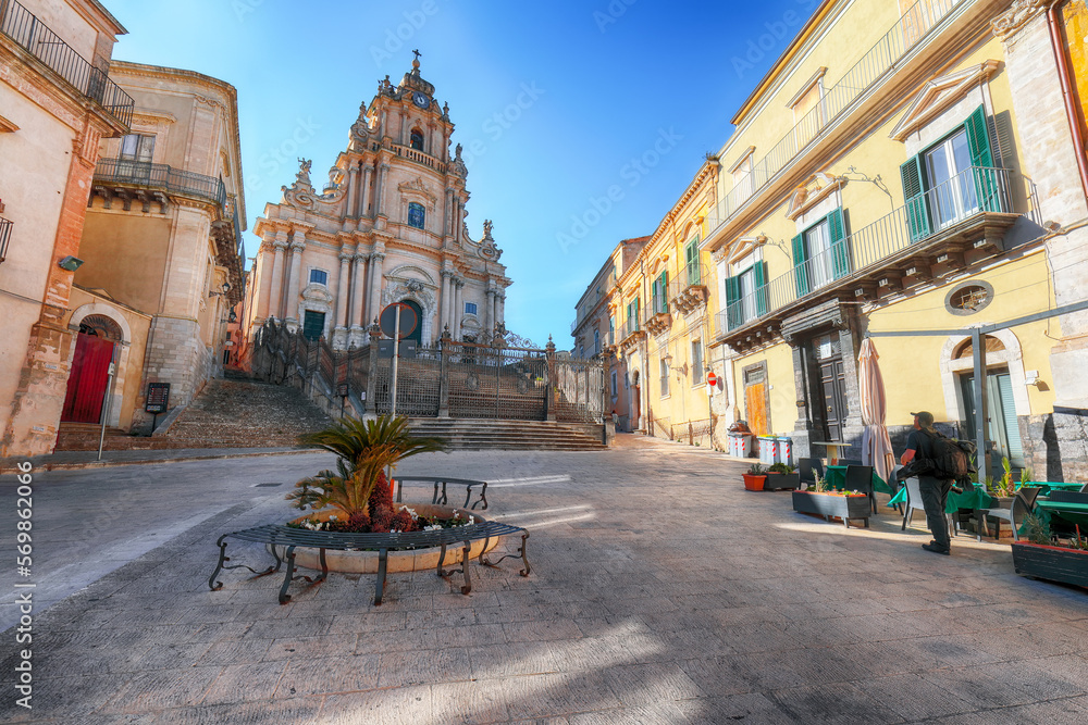 Amazing view on baroque Saint George cathedral of Modica and Duomo square.