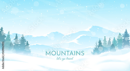 Spruce trees in snowdrifts. Mountains in the background. Clear blue sky, snowfall. Vector illustration. Winter landscape. Design for cover, postcard, banner, poster. Adventure tourism, nature walks. 