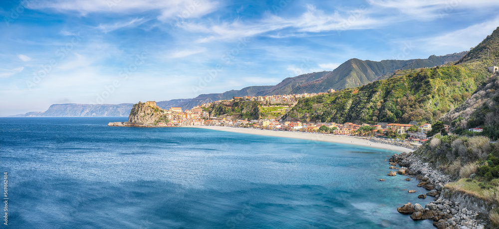 Aerial top view of sandy beach of Tyrrhenian sea bay gulf coast shore of beautiful seaside town village Scilla