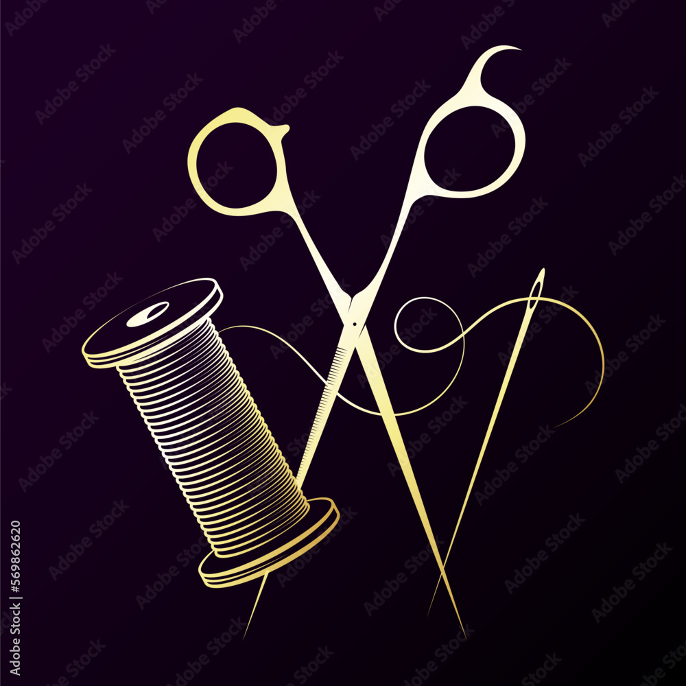 Gold scissors reel and needle and thread. Design for sewing. Sewing ...